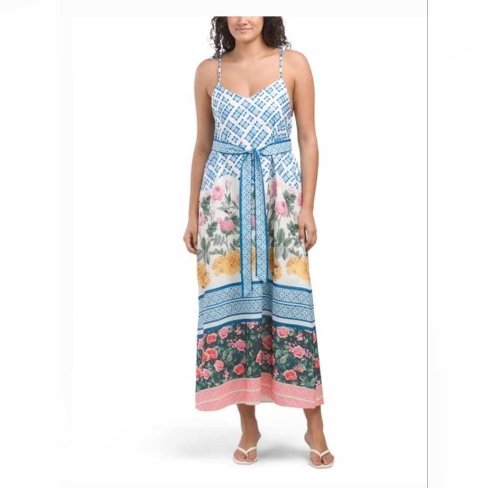 NWT - Dalia MacPhee Multi Floral Tie Shoulder Belted Waist Midi Dress - Size L - Picture 5 of 16